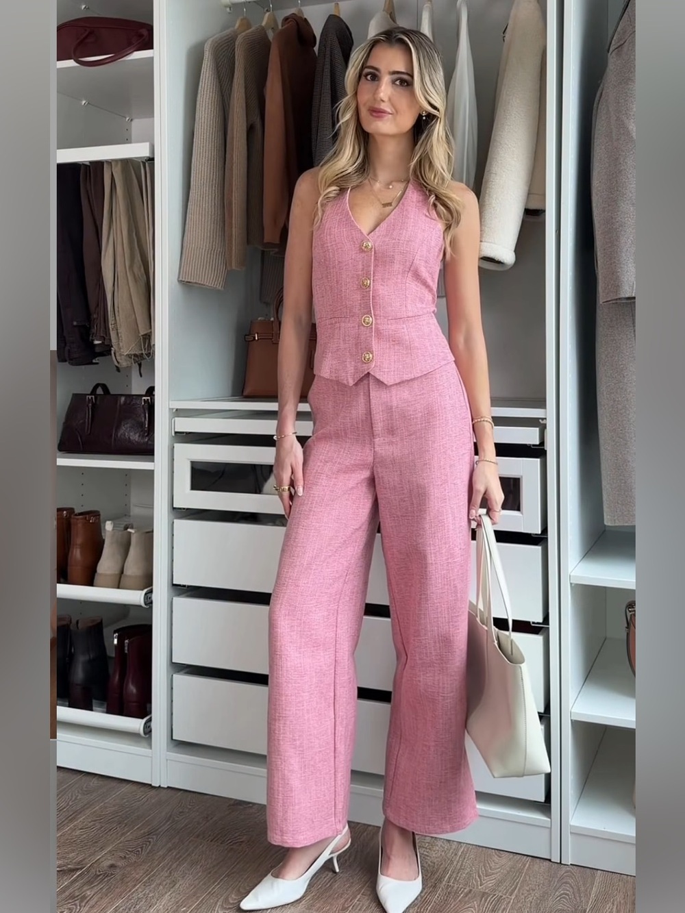 Commence Sleeveless Pink Tailored Vest & Wide-Leg Pants Set